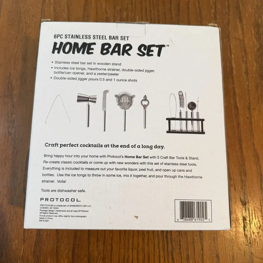 Protocol 6 Pc Stainless Steel Home Bar Set Cocktail Tools w/ Wood Stand New